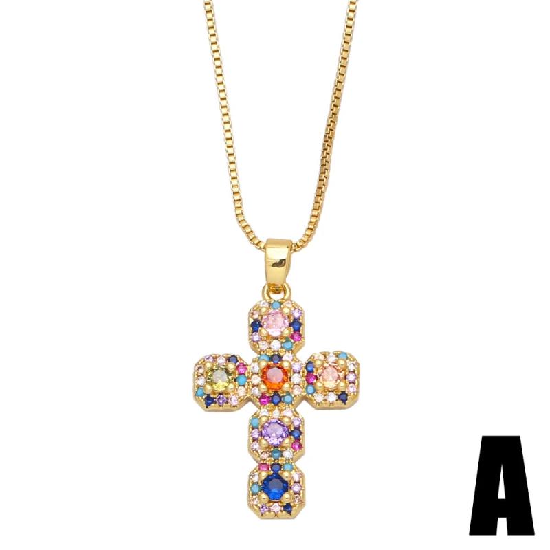 Rainbow CZ Crystal Cross Pendant Necklace Religious Jewelry