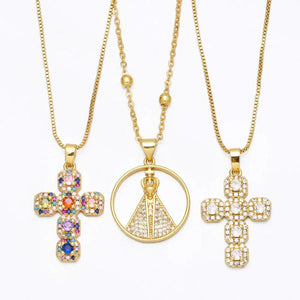 Rainbow CZ Crystal Cross Pendant Necklace Religious Jewelry