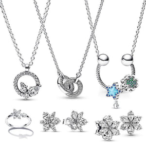 925 Silver Double Circles Necklace Ring Earrings Set
