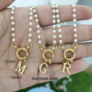 Initial Charm A-Z Letters Pearl Necklace Women Choker Silver Stainless Steel