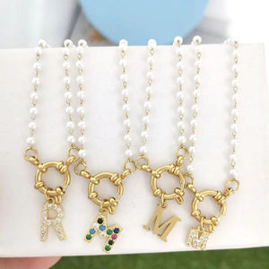 Initial Charm A-Z Letters Pearl Necklace Women Choker Silver Stainless Steel