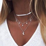 925 Silver Pentagram Pendant Moon Overlay Necklace Chain For Women