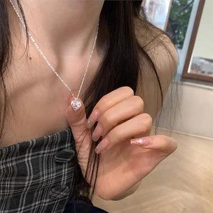 925 Silver Love Heart Necklace Pink Zircon Texture Bead Jewelry