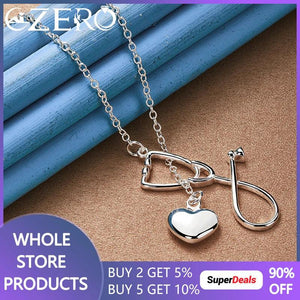 925 Silver Chain Stethoscope/Heart Pendant Necklace 18-Inch for Wedding Party
