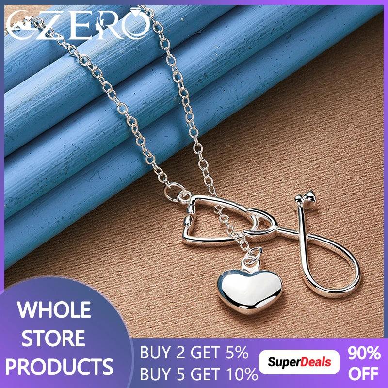 925 Silver Chain Stethoscope/Heart Pendant Necklace 18-Inch for Wedding Party