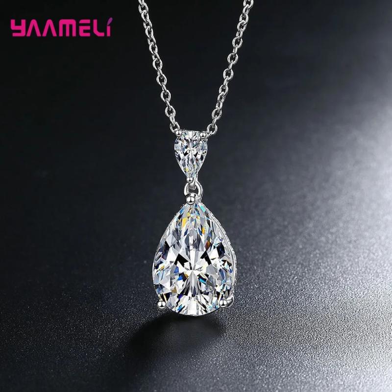 925 Silver Necklace Clear Tear Shaped Cubic Zircon Stone Jewelry