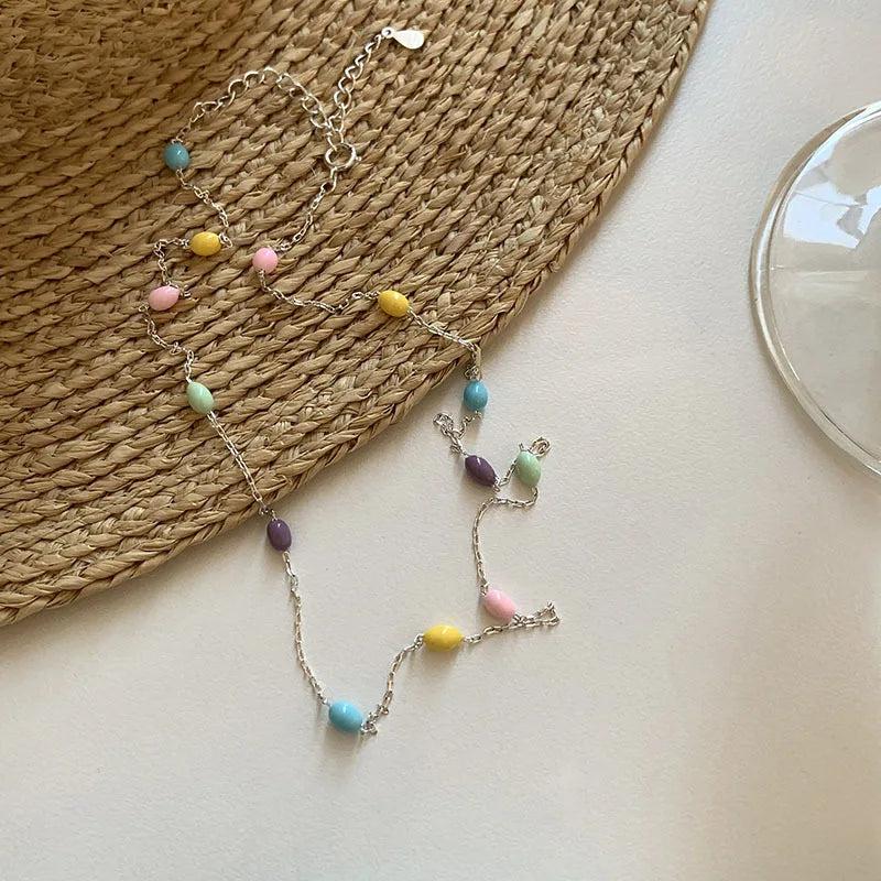 925 Silver Glaze Candy Colour Necklace Women Vintage Jewelry