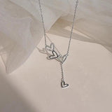 925 Silver Heart Necklace Diamond Tassel Pendant Women's Clavicle Chain