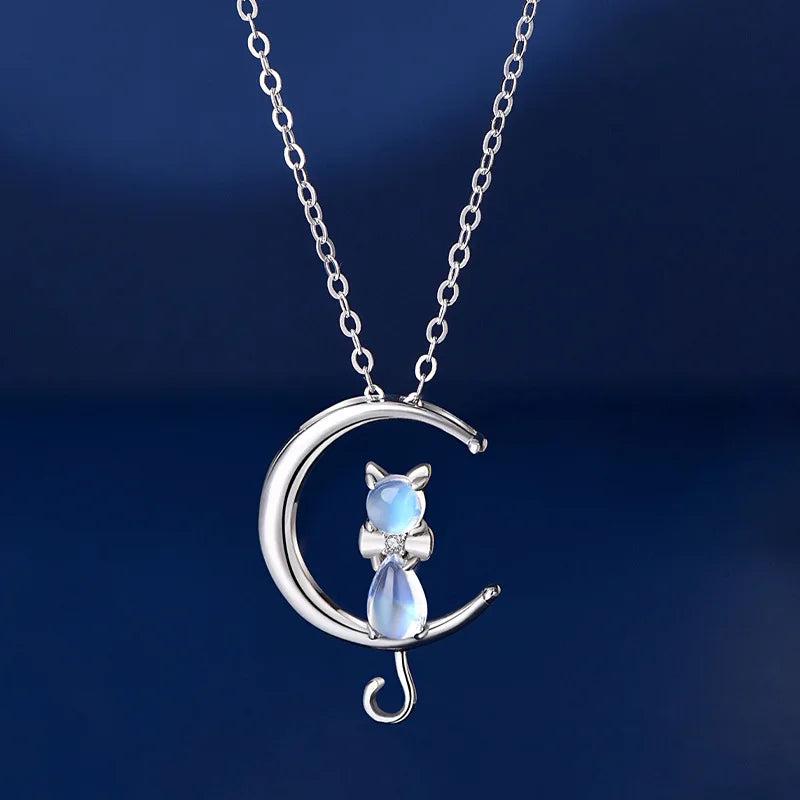 Crystal Moon Cat Pendant 925 Sterling Silver Necklace for Women
