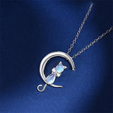 Crystal Moon Cat Pendant 925 Sterling Silver Necklace for Women