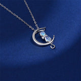 Crystal Moon Cat Pendant 925 Sterling Silver Necklace for Women