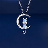 Crystal Moon Cat Pendant 925 Sterling Silver Necklace for Women