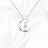 Crystal Moon Cat Pendant 925 Sterling Silver Necklace for Women