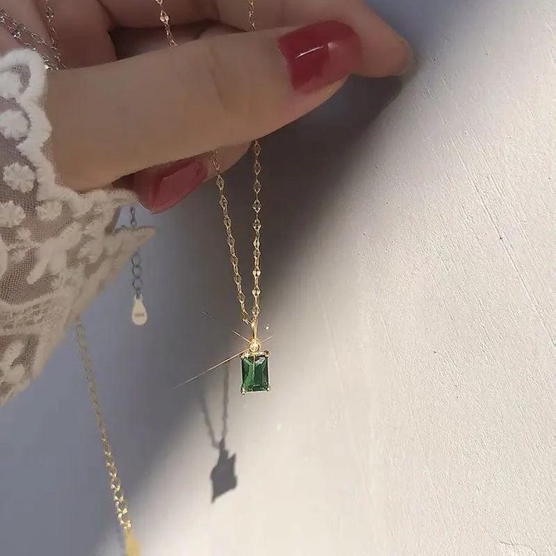 925 Silver Green Square Zirconia Necklace Pendant Delicate Collarbone Chain