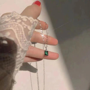 925 Silver Green Square Zirconia Necklace Pendant Delicate Collarbone Chain