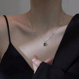 925 Silver Green Square Zirconia Necklace Pendant Delicate Collarbone Chain