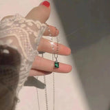 925 Silver Green Square Zirconia Necklace Pendant Delicate Collarbone Chain