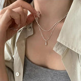 925 Silver Water Drop Necklace Double Layer Bead Jewelry Gift