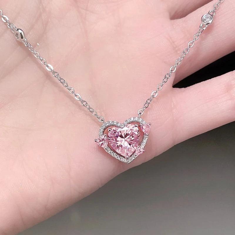 925 Silver Zircon Sweet Heart Pendant Necklace Gift for Women