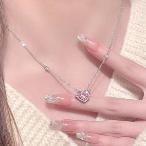 925 Silver Zircon Sweet Heart Pendant Necklace Gift for Women
