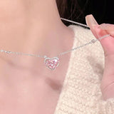 925 Silver Zircon Sweet Heart Pendant Necklace Gift for Women