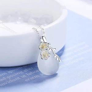 925 Silver Love Angle Tear Moonlight Opal Cherry Flower Pendant Necklace