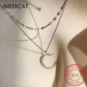 925 Silver Double Beads Chain Star Moon CZ Choker Necklace