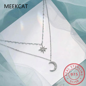 925 Silver Double Beads Chain Star Moon CZ Choker Necklace