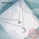 925 Silver Double Beads Chain Star Moon CZ Choker Necklace