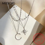 925 Silver Double Beads Chain Star Moon CZ Choker Necklace