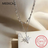 925 Silver Double Beads Chain Star Moon CZ Choker Necklace
