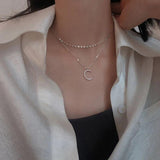 925 Silver Double Beads Chain Star Moon CZ Choker Necklace