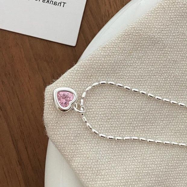925 Silver Pink Heart Necklace for Women