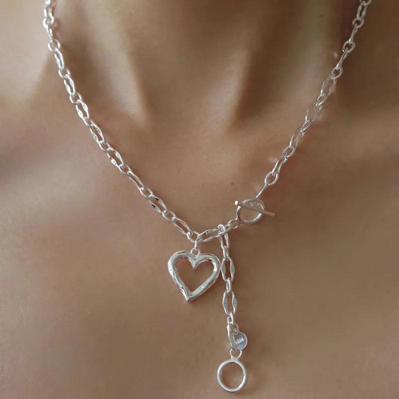 925 Silver Love Heart Asymmetry Necklace Hip Hop Street Jewelry