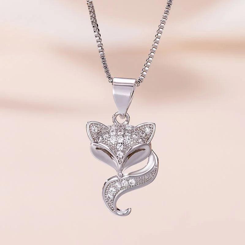925 Silver Chain Necklace Rose Zircon Fox Pendant Women Jewelry