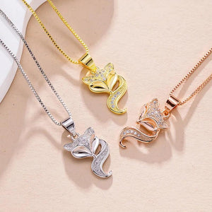 925 Silver Chain Necklace Rose Zircon Fox Pendant Women Jewelry