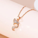 925 Silver Chain Necklace Rose Zircon Fox Pendant Women Jewelry