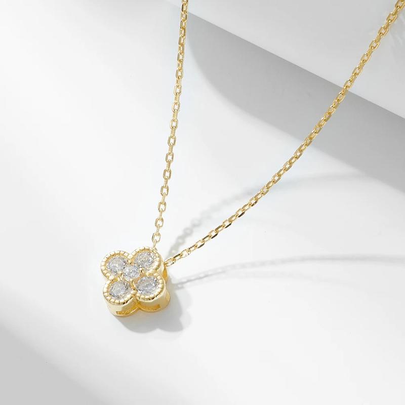 French Bling 4 Leaf Clover Pendant Necklace 925 Sterling Silver CZ Chain Jewelry