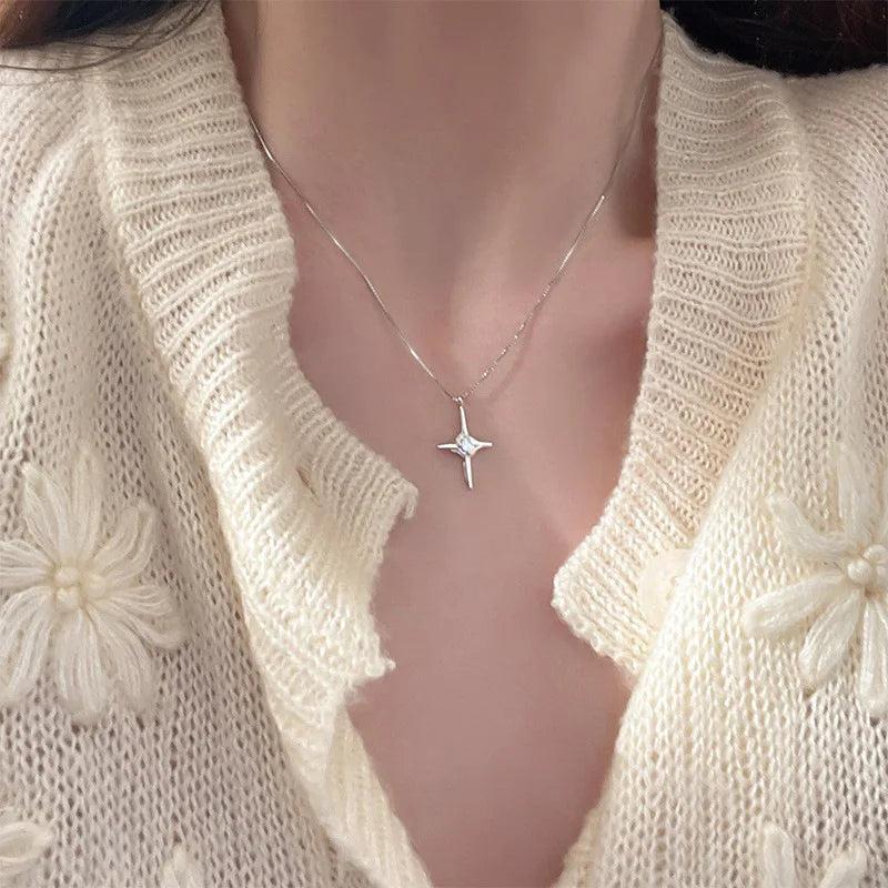 925 Silver Cross Diamond Star Necklace Men Women Vintage Chain
