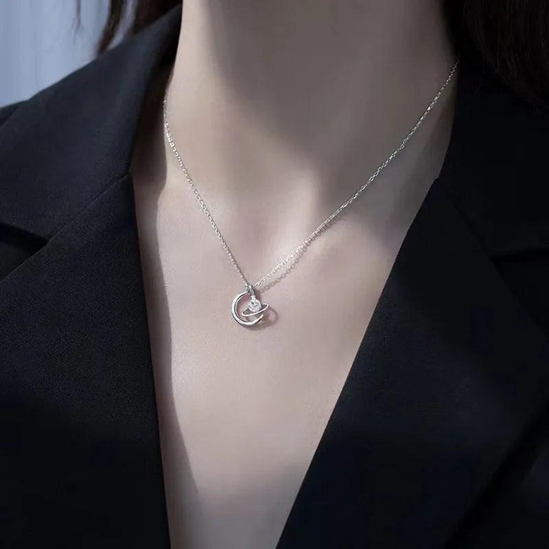 925 Silver Moon Necklace Geometric Shape Pendant Gift For Women
