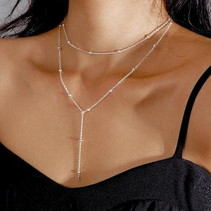 925 Silver Double Layer Bead Pendant Necklace Tassel Clavicle Chain