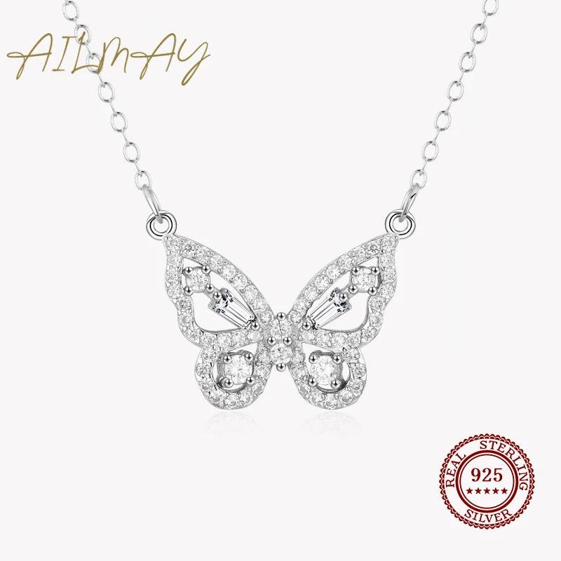 925 Silver Clear Cz Flying Butterfly Necklace for Women Girls