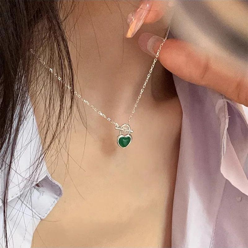 925 Silver Green Agate Heart Necklace for Women Gift