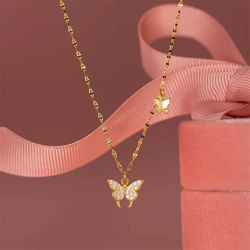 925 Silver Butterfly Necklace Zircon Pendant Women's Chain Jewelry