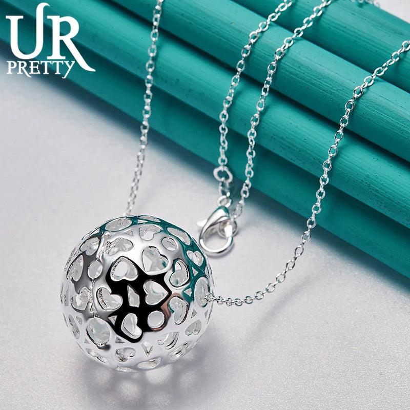 925 Sterling Silver Hollow Ball Pendant Necklace with Snake Chain