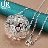 925 Sterling Silver Hollow Ball Pendant Necklace with Snake Chain