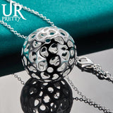 925 Sterling Silver Hollow Ball Pendant Necklace with Snake Chain