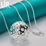 925 Sterling Silver Hollow Ball Pendant Necklace with Snake Chain