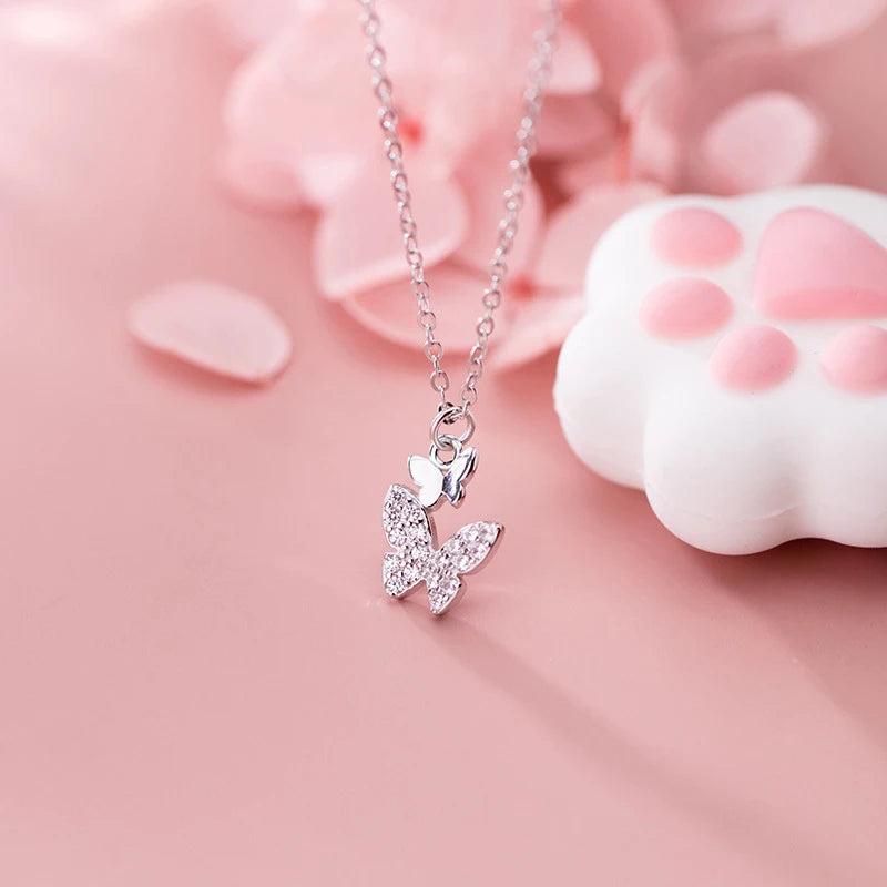 925 Silver Butterfly Necklace Clear CZ Pendant Women Fine Jewelry