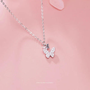 925 Silver Butterfly Necklace Clear CZ Pendant Women Fine Jewelry